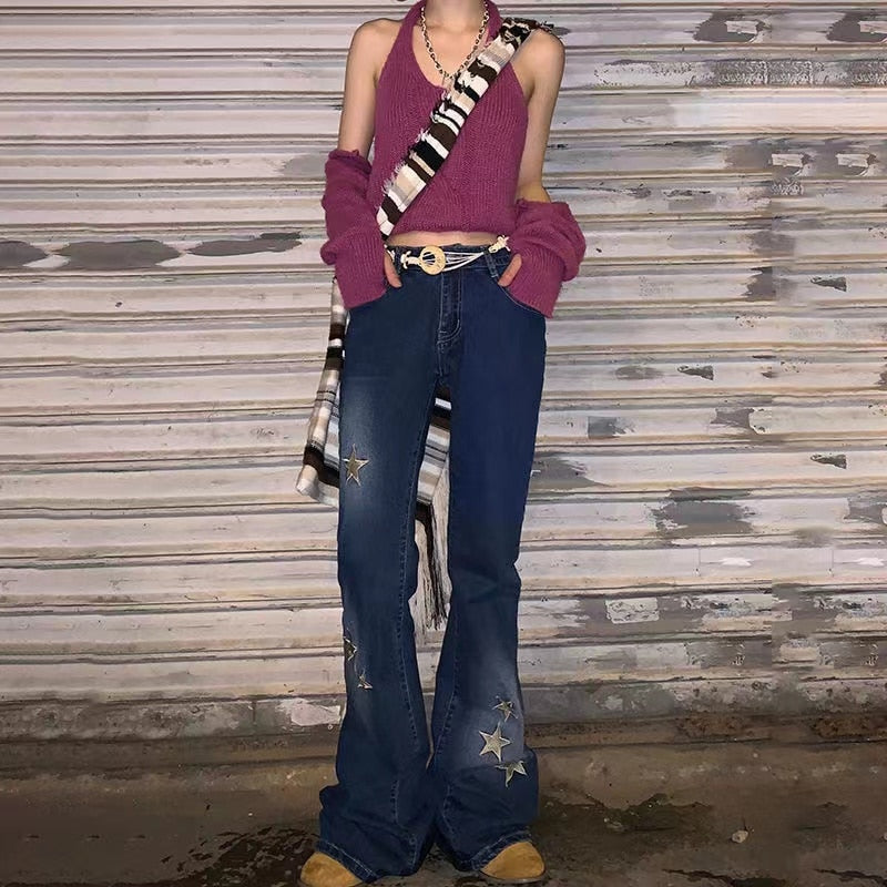 DressBetty - Star Printed Streetwear Vintage Low Waist Pockets Blue Denim Skinny Flare Jeans