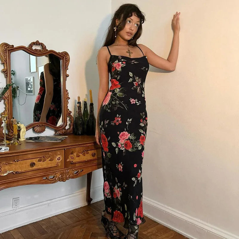 Spaghetti Strap Hip Package Backless Floral Dress