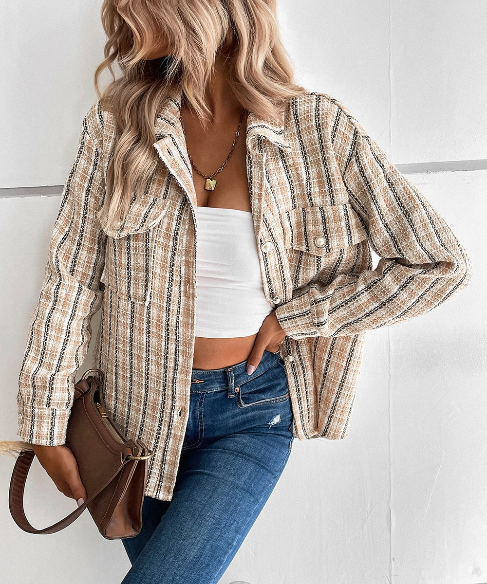 DressBetty - Dual Pocket Plaid Shirt Jacket