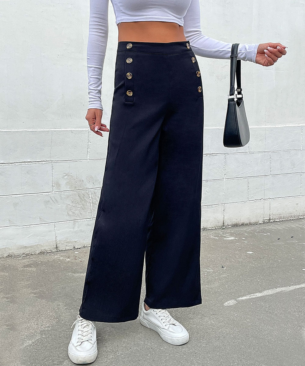 DressBetty - Black Double Button Wide Leg Pants