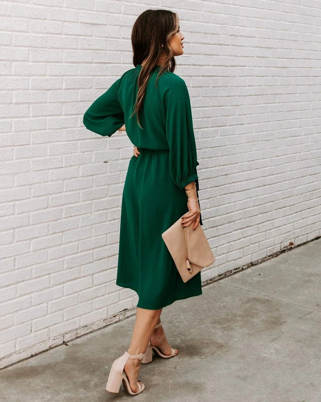 DressBetty - Elegant Office Dress Formal Loose Green Long Sleeve Belt A-Line Midi Dresses