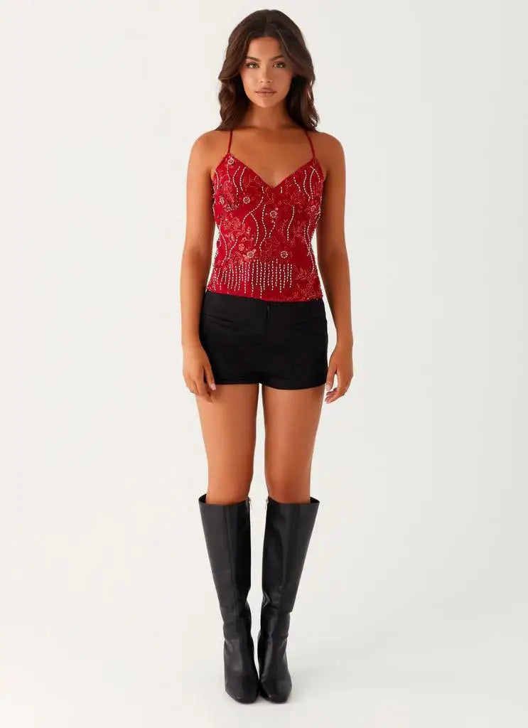 Sequin Glitter Rhinestone Backless Cami Top