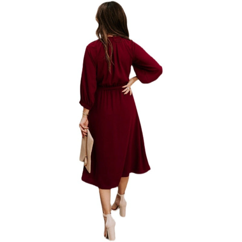 DressBetty - Elegant Office Dress Formal Loose Green Long Sleeve Belt A-Line Midi Dresses