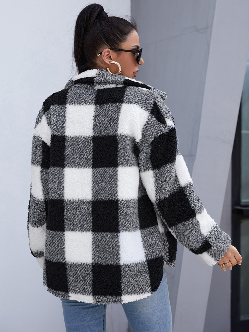 DressBetty - Plush Plaid Flap Pocket Coat