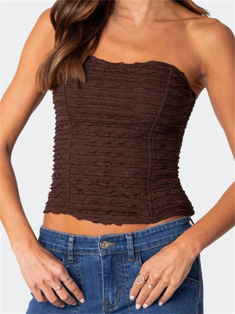 Sexy Summer Ruched Tube Strapless Off Shoulder Backless Bustiers__orsets__arty Club Solid Mini Vest 2024 Crop Top