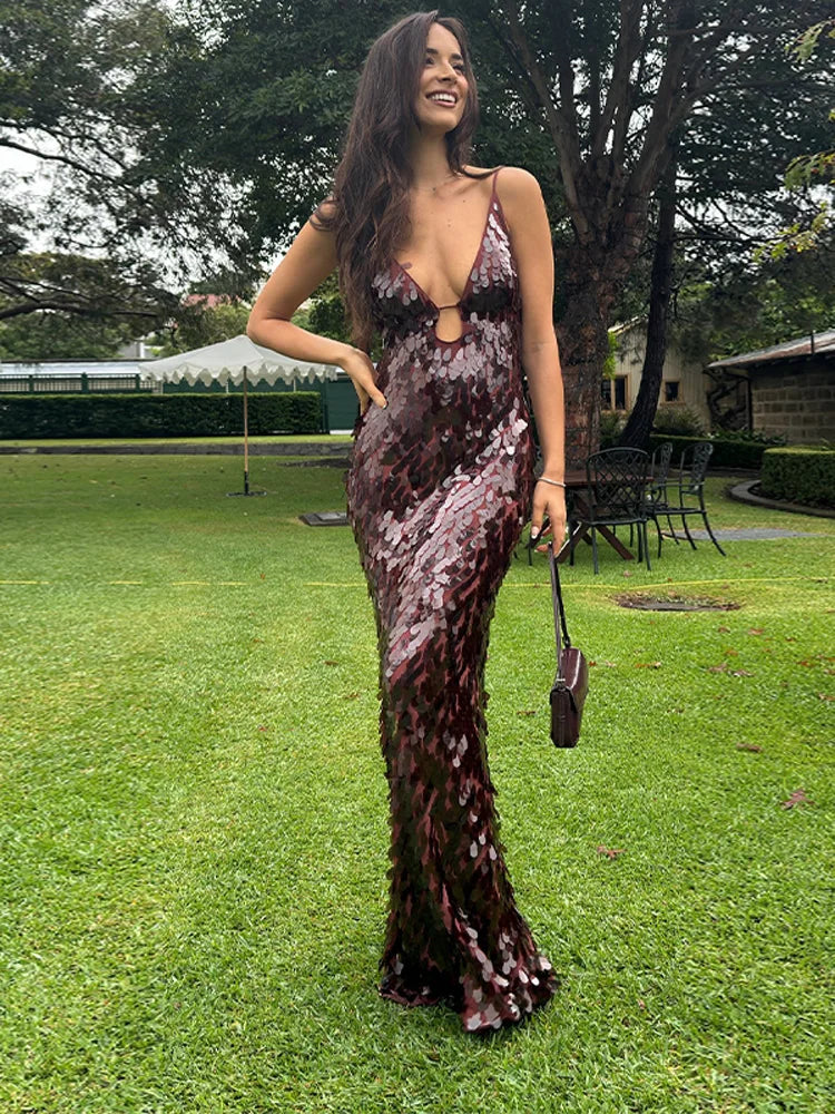 Sequined Hollow Slip Maxi Dress