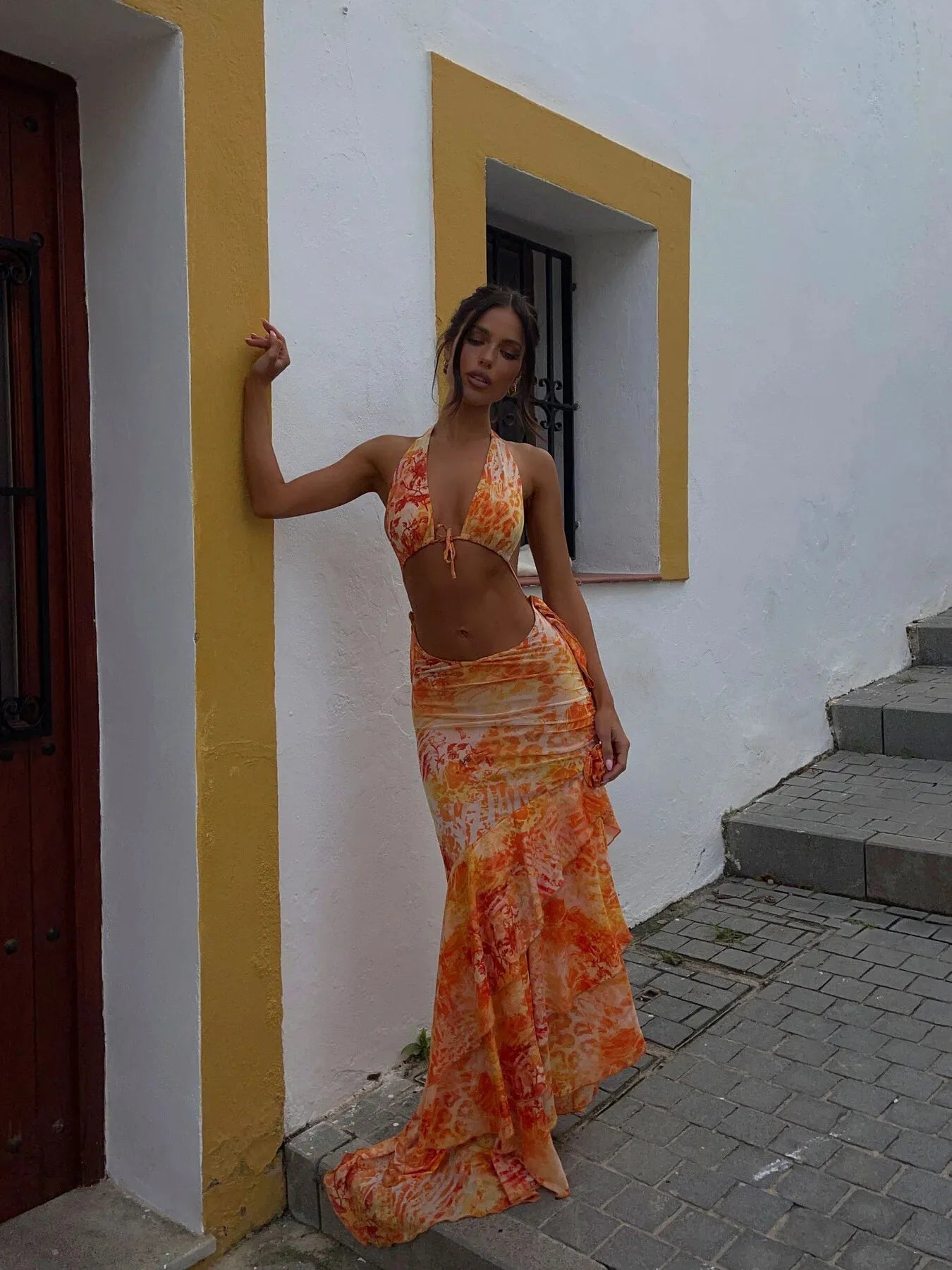 Vintage Print Cover Up Suspenders Sexy Three Piece Swim Sets