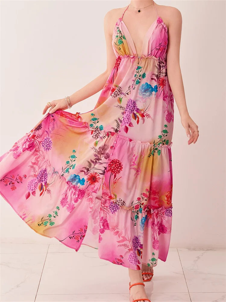 Retro Print Backless V-neck Midi Dress