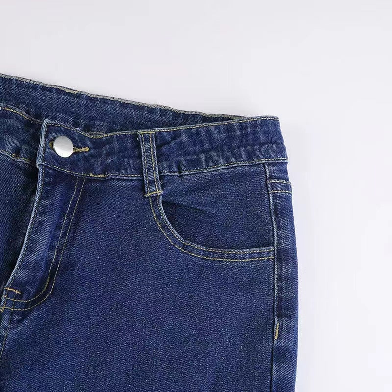 DressBetty - Star Printed Streetwear Vintage Low Waist Pockets Blue Denim Skinny Flare Jeans