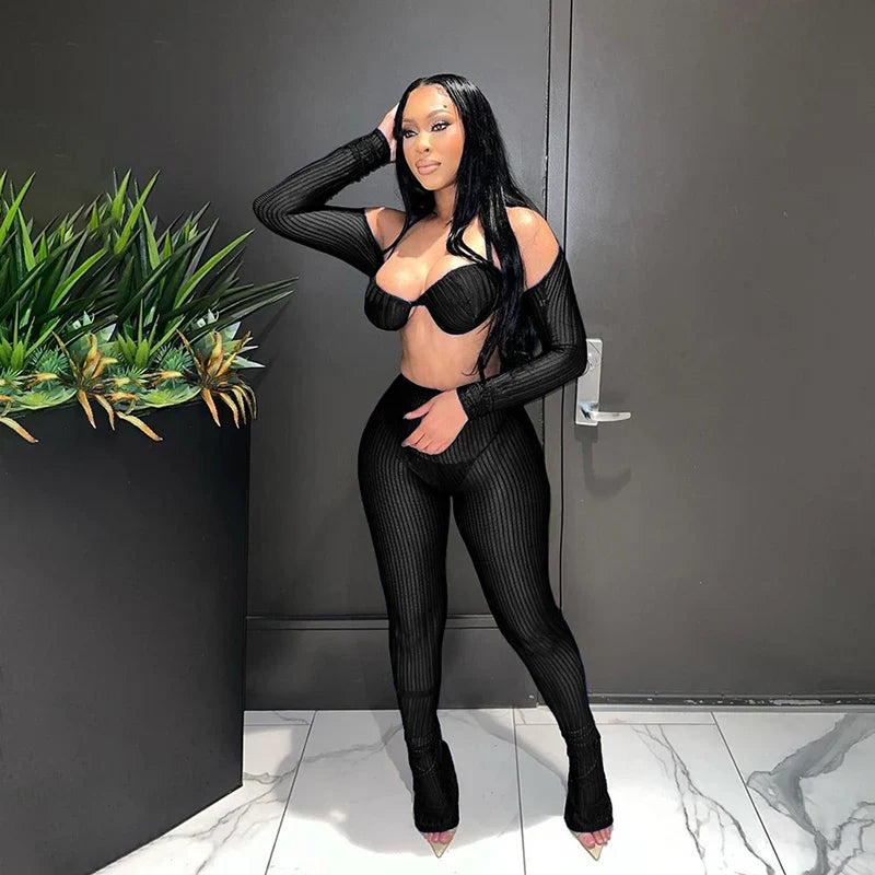 Mesh Spike Bra Bandage Two Piece Pants Set