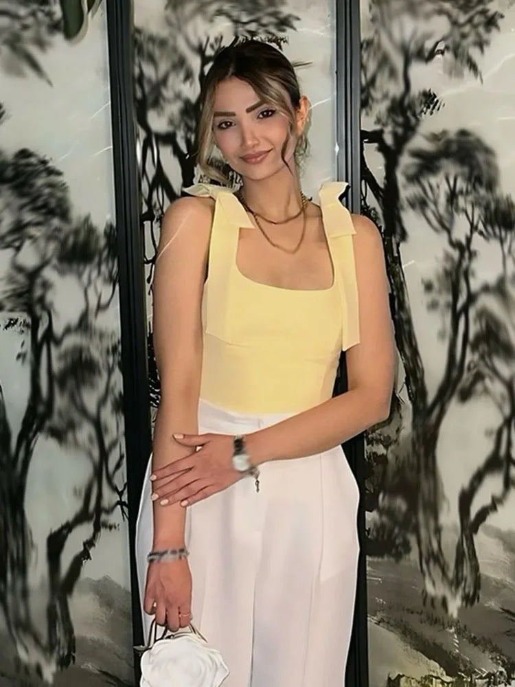 Sexy Bow Square Collar Sling Slim Cami Top