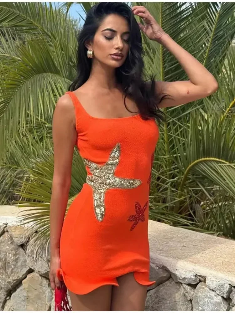 Star Print Pleated Backless Mini Dress