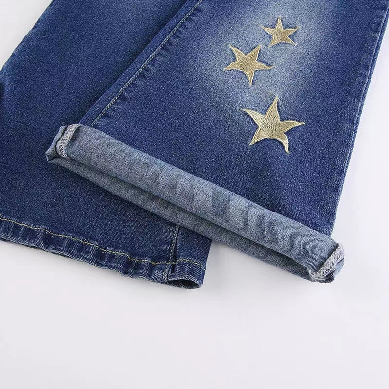 DressBetty - Star Printed Streetwear Vintage Low Waist Pockets Blue Denim Skinny Flare Jeans