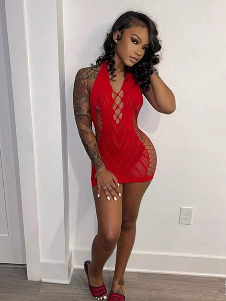 Transparent Lace Halter Backless Mini Dress