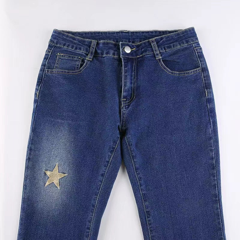DressBetty - Star Printed Streetwear Vintage Low Waist Pockets Blue Denim Skinny Flare Jeans