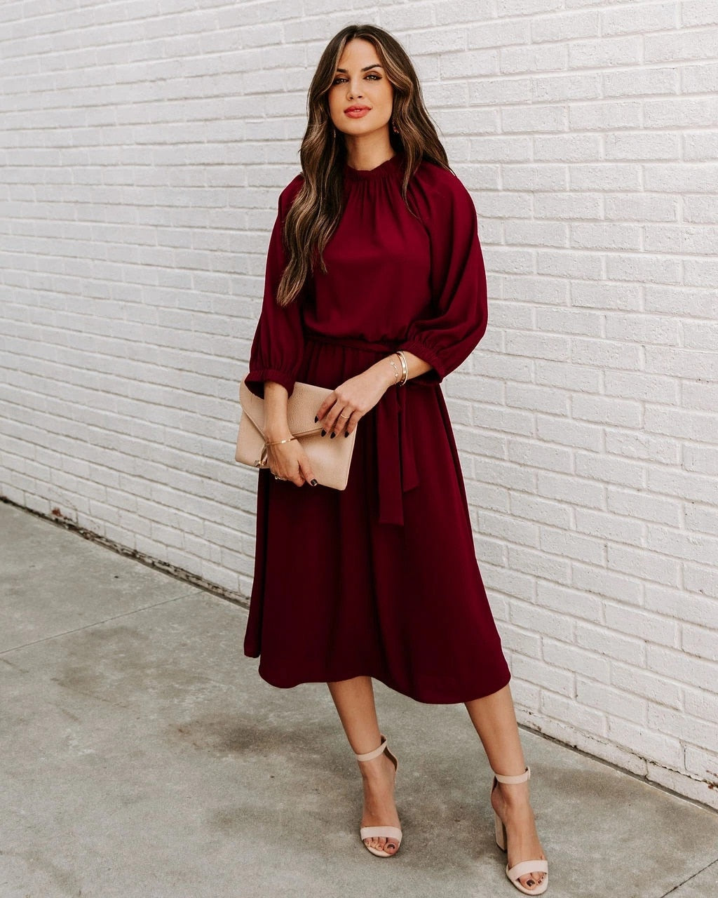 DressBetty - Elegant Office Dress Formal Loose Green Long Sleeve Belt A-Line Midi Dresses