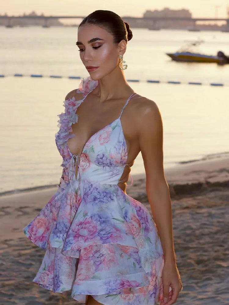 Ruffle Lace-up Sleeveless Floral Dress