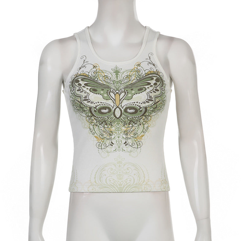 DressBetty - Slim Knitted Vest White Sleeveless O Neck Butterfly Vintage Print Tank Crop Tops