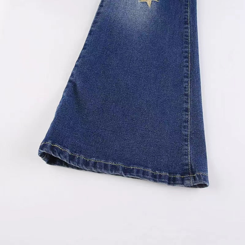 DressBetty - Star Printed Streetwear Vintage Low Waist Pockets Blue Denim Skinny Flare Jeans