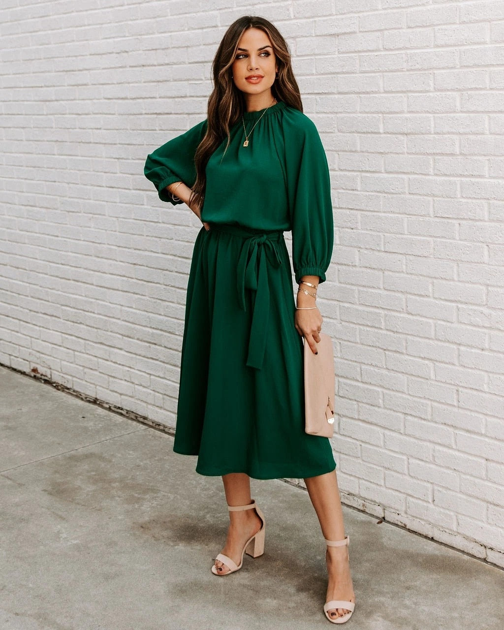 DressBetty - Elegant Office Dress Formal Loose Green Long Sleeve Belt A-Line Midi Dresses