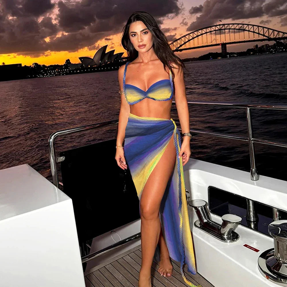 Gradient Cover Up Push Up Long Skirt Three Piece Swim Sets