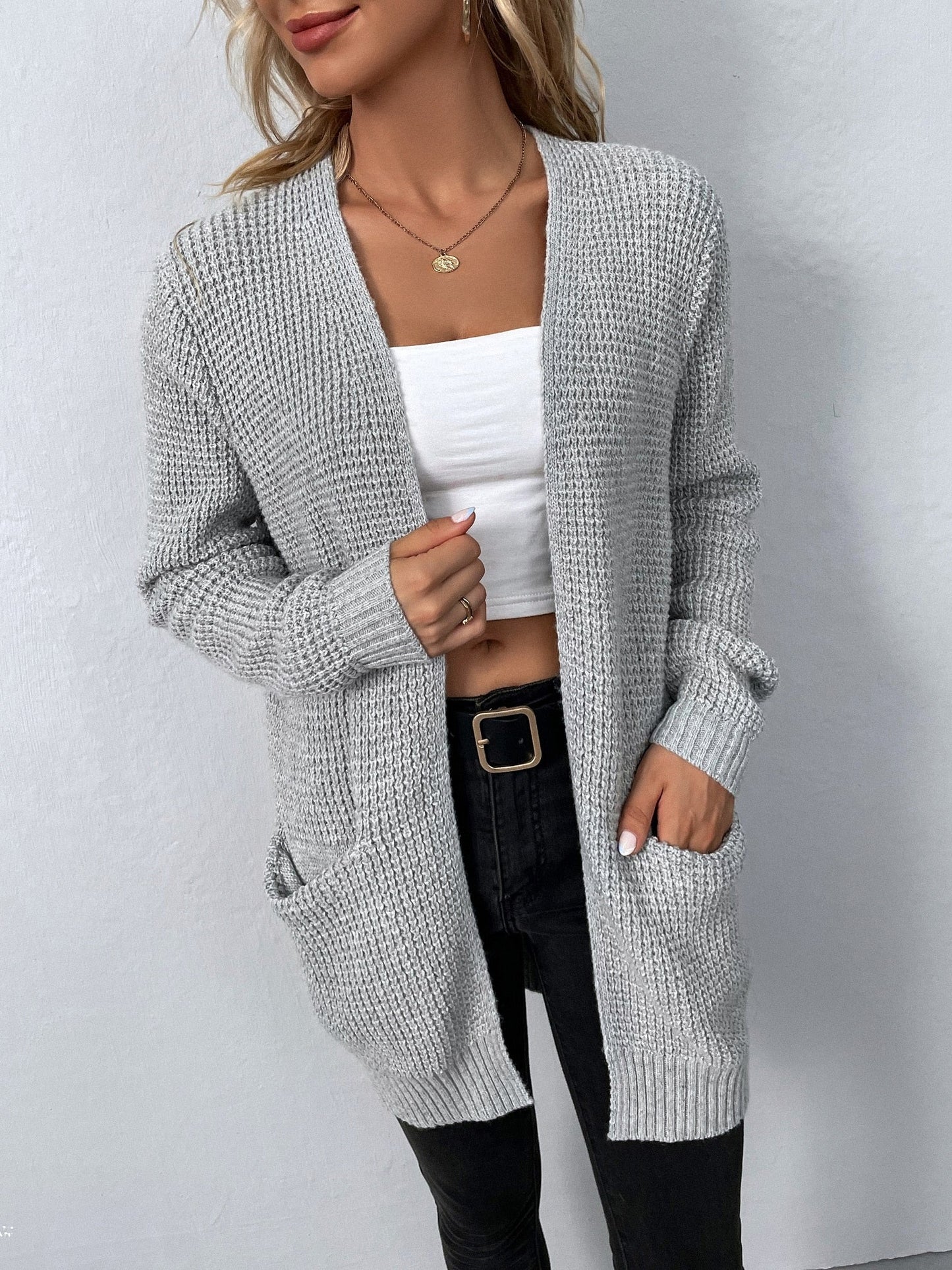 DressBetty - Solid Color Pockets Long Cardigan