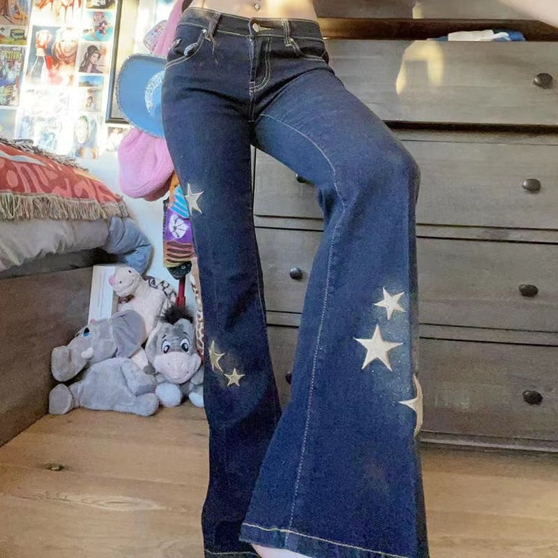 DressBetty - Star Printed Streetwear Vintage Low Waist Pockets Blue Denim Skinny Flare Jeans
