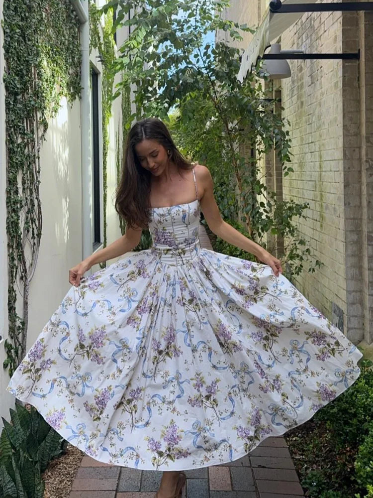 High Waist Pleated Sleeveless Floral Dress