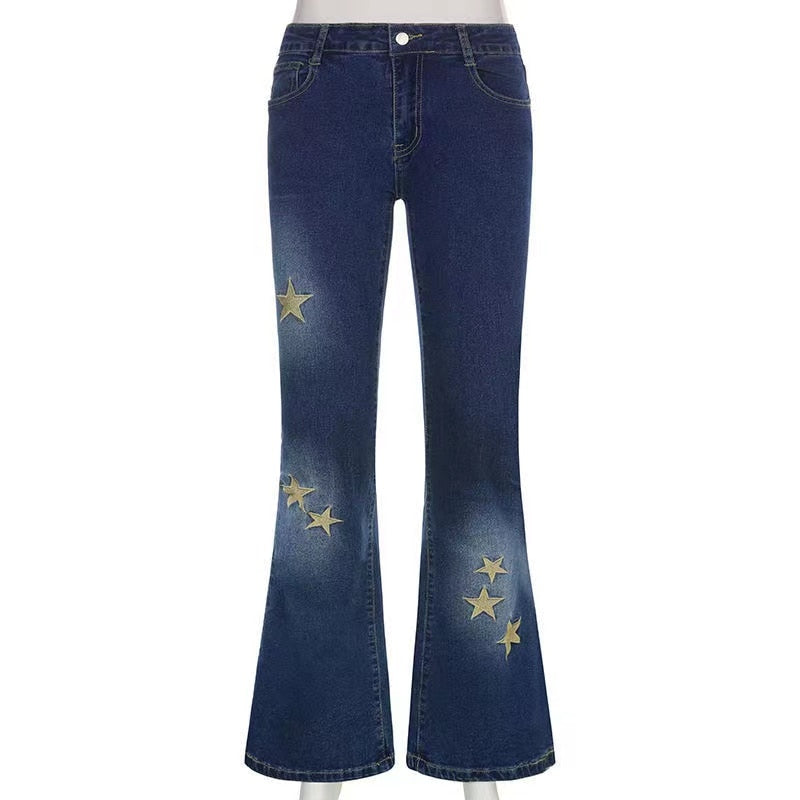 DressBetty - Star Printed Streetwear Vintage Low Waist Pockets Blue Denim Skinny Flare Jeans