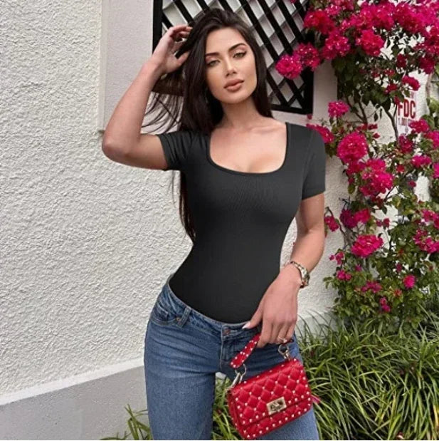 Ribbed Square Neck Sexy Thong Bodysuit Crop Top