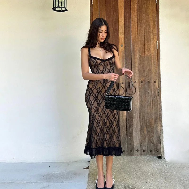 Mesh Lace Plunge Neck Midi Dress