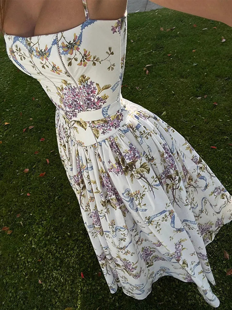 High Waist Pleated Sleeveless Floral Dress