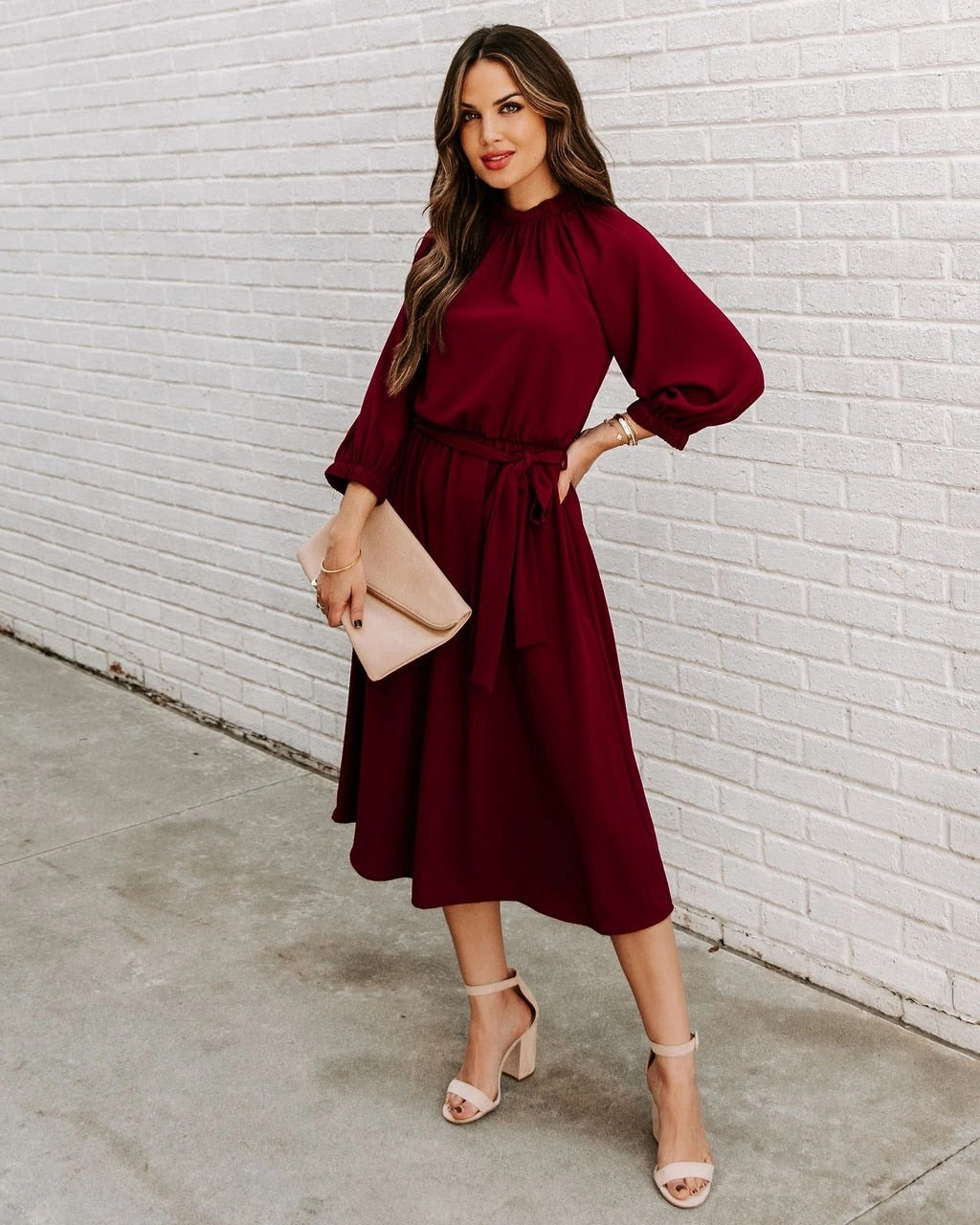 DressBetty - Elegant Office Dress Formal Loose Green Long Sleeve Belt A-Line Midi Dresses