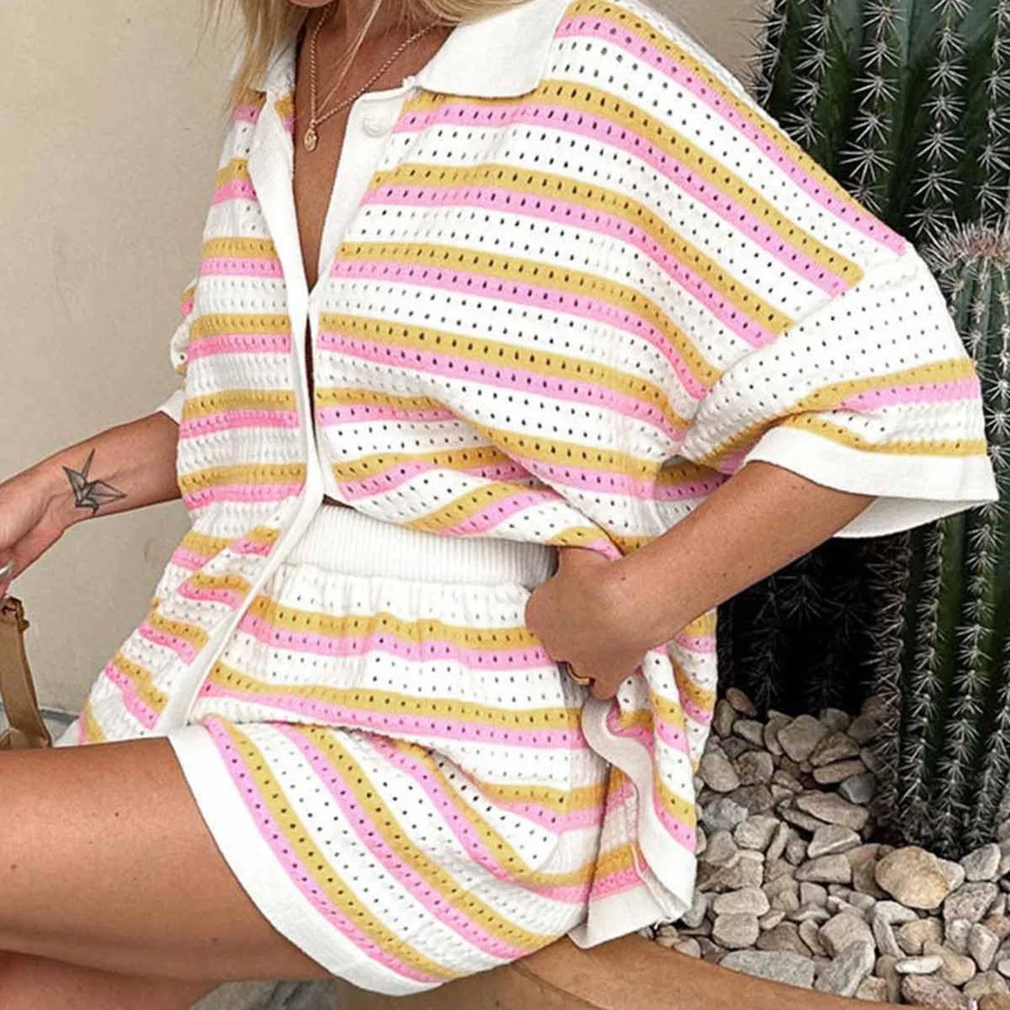 Stripe Contrast Color Button Crochet Top Two Piece Shorts Set