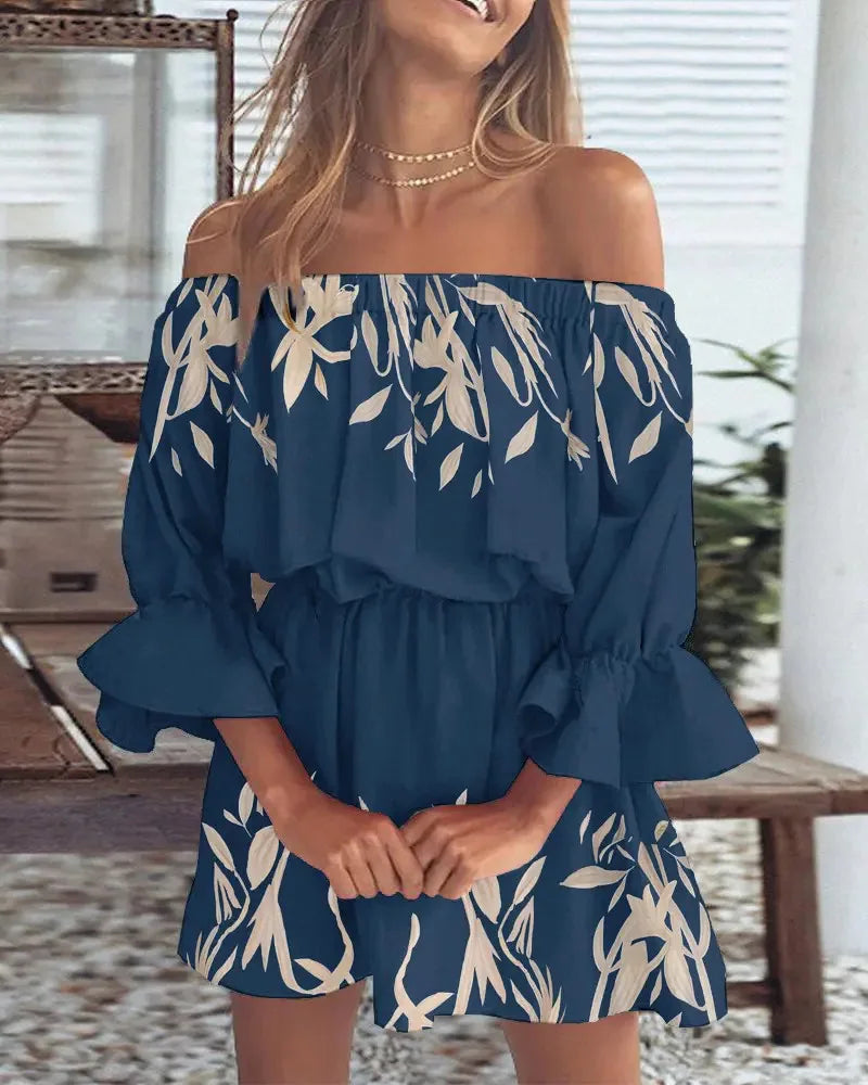 Slash Neck Flare Sleeve Mini Floral Dress