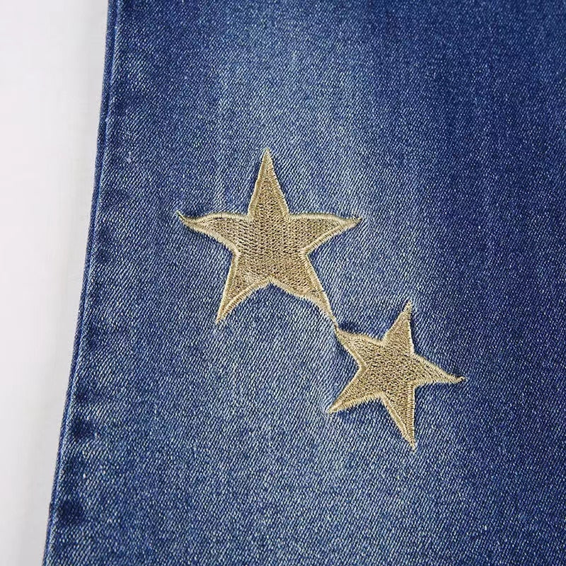 DressBetty - Star Printed Streetwear Vintage Low Waist Pockets Blue Denim Skinny Flare Jeans