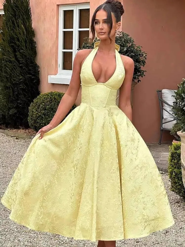 Jacquard Bow Strapless Backless Mini Dress