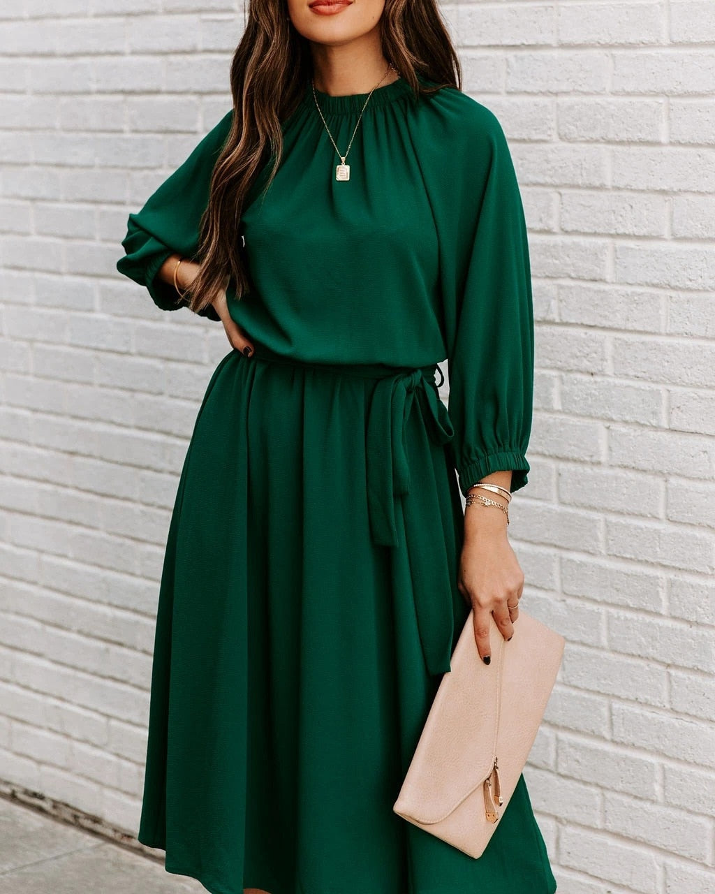 DressBetty - Elegant Office Dress Formal Loose Green Long Sleeve Belt A-Line Midi Dresses