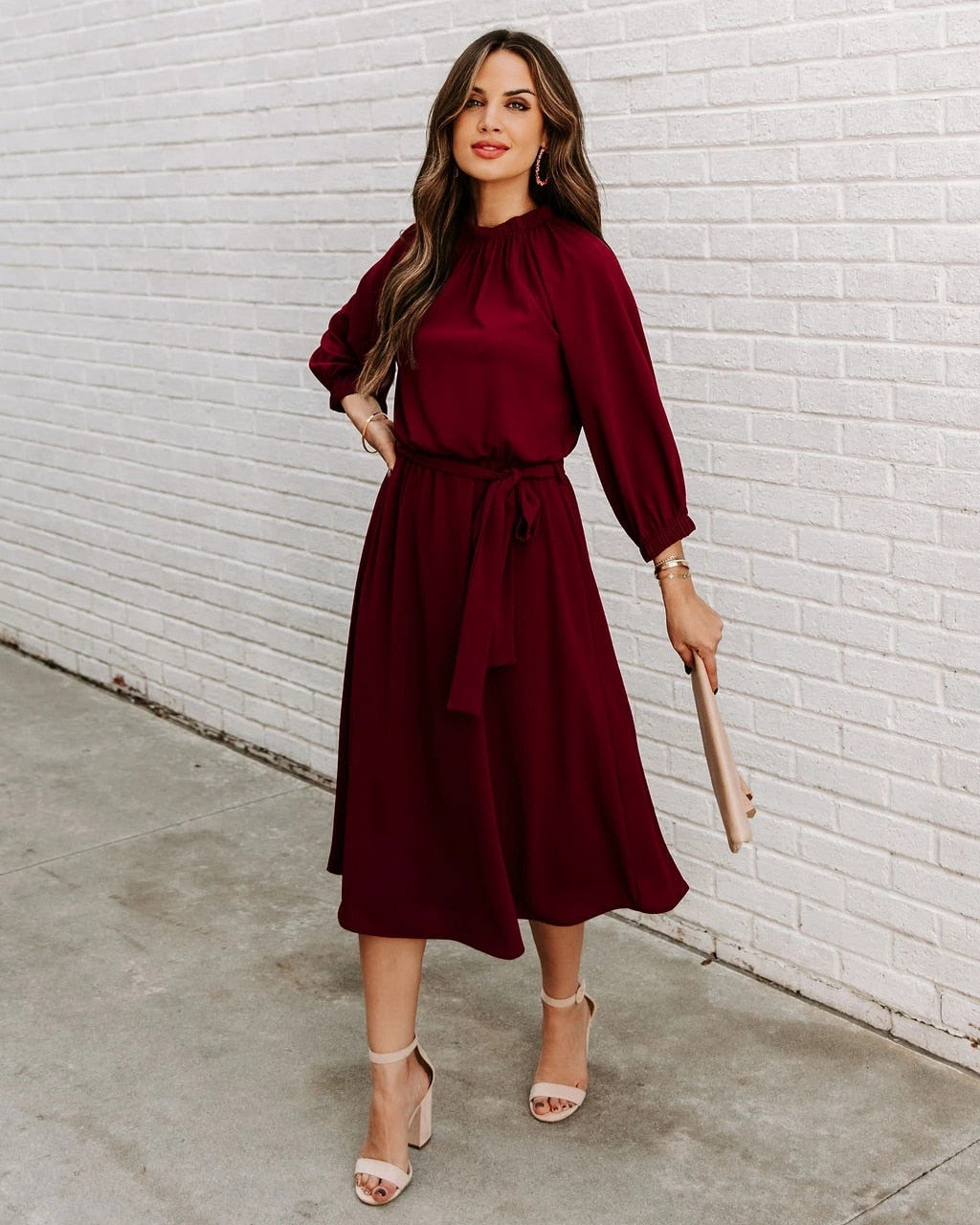 DressBetty - Elegant Office Dress Formal Loose Green Long Sleeve Belt A-Line Midi Dresses