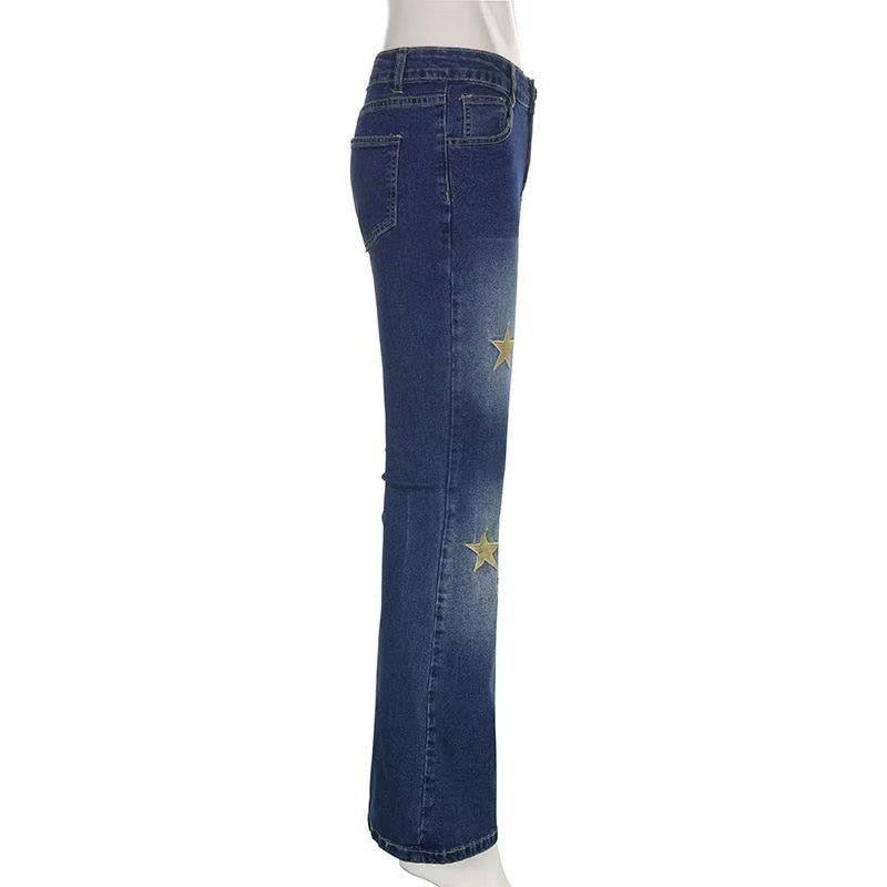 DressBetty - Star Printed Streetwear Vintage Low Waist Pockets Blue Denim Skinny Flare Jeans