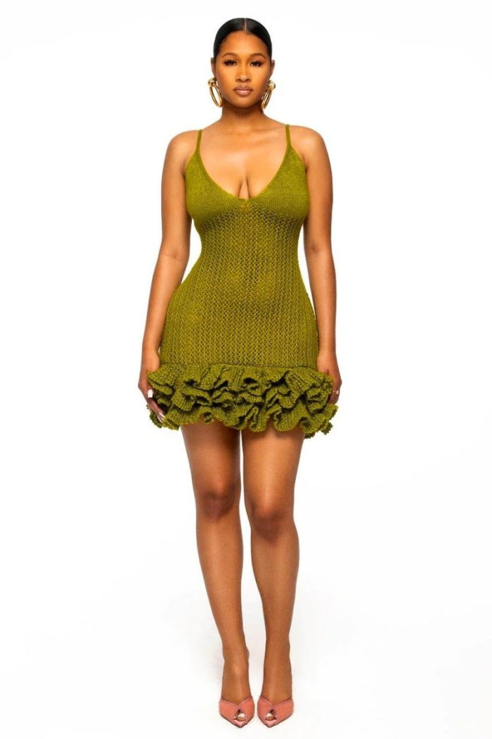 Serena Lace-Trimmed Ruffle Crochet Mini Dress