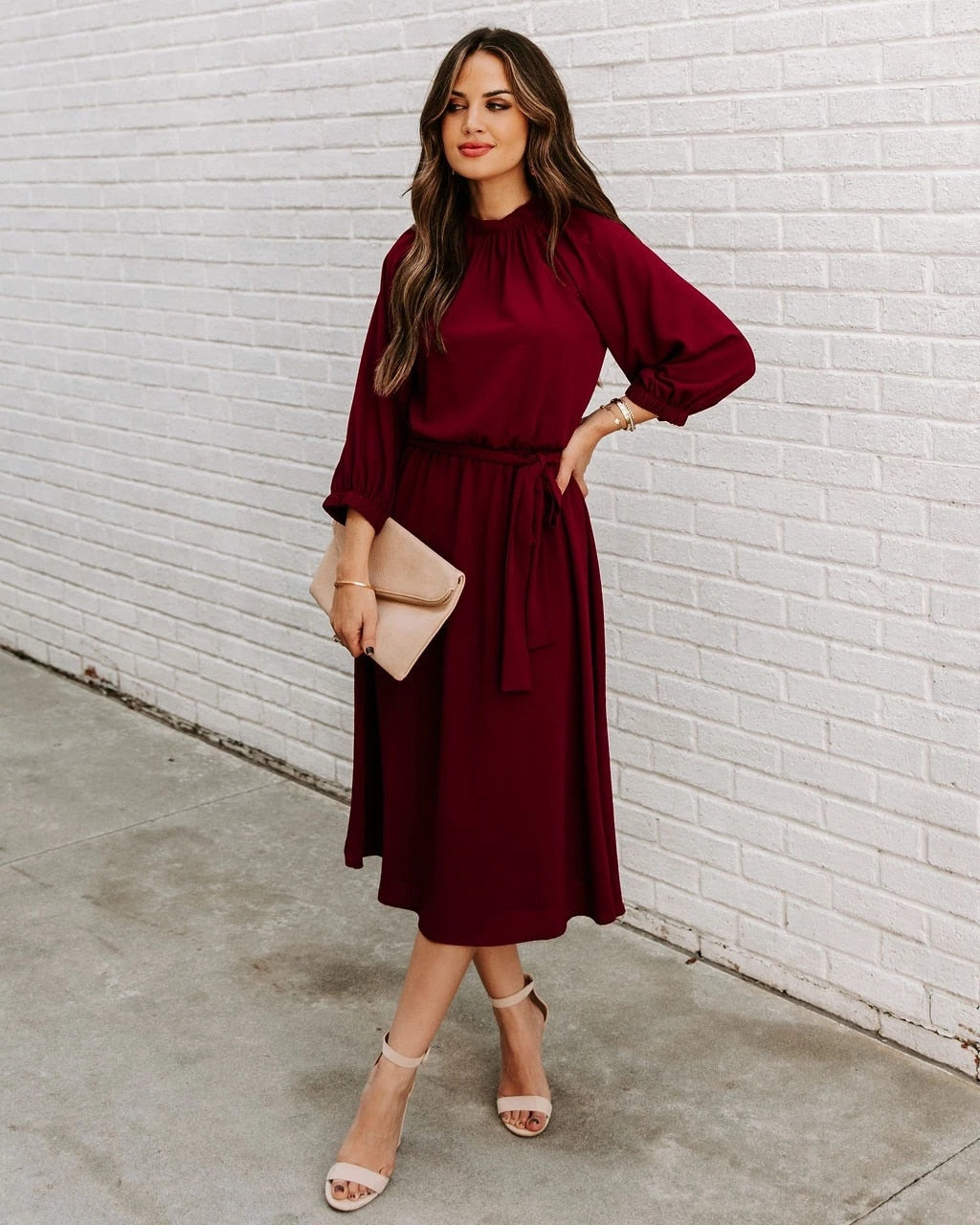 DressBetty - Elegant Office Dress Formal Loose Green Long Sleeve Belt A-Line Midi Dresses