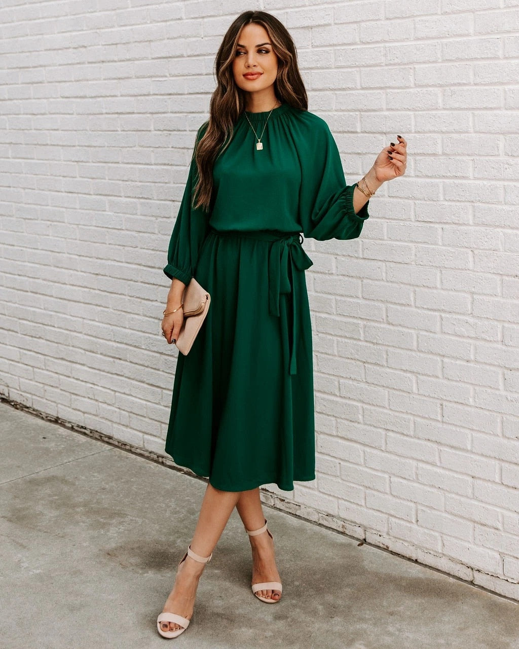DressBetty - Elegant Office Dress Formal Loose Green Long Sleeve Belt A-Line Midi Dresses