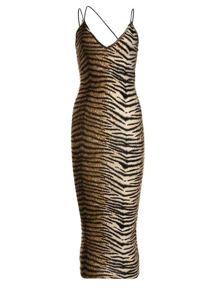 DressBetty - 2024 Tiger Print Spaghetti Strap V-Neck Party Clubwear Maxi Dress