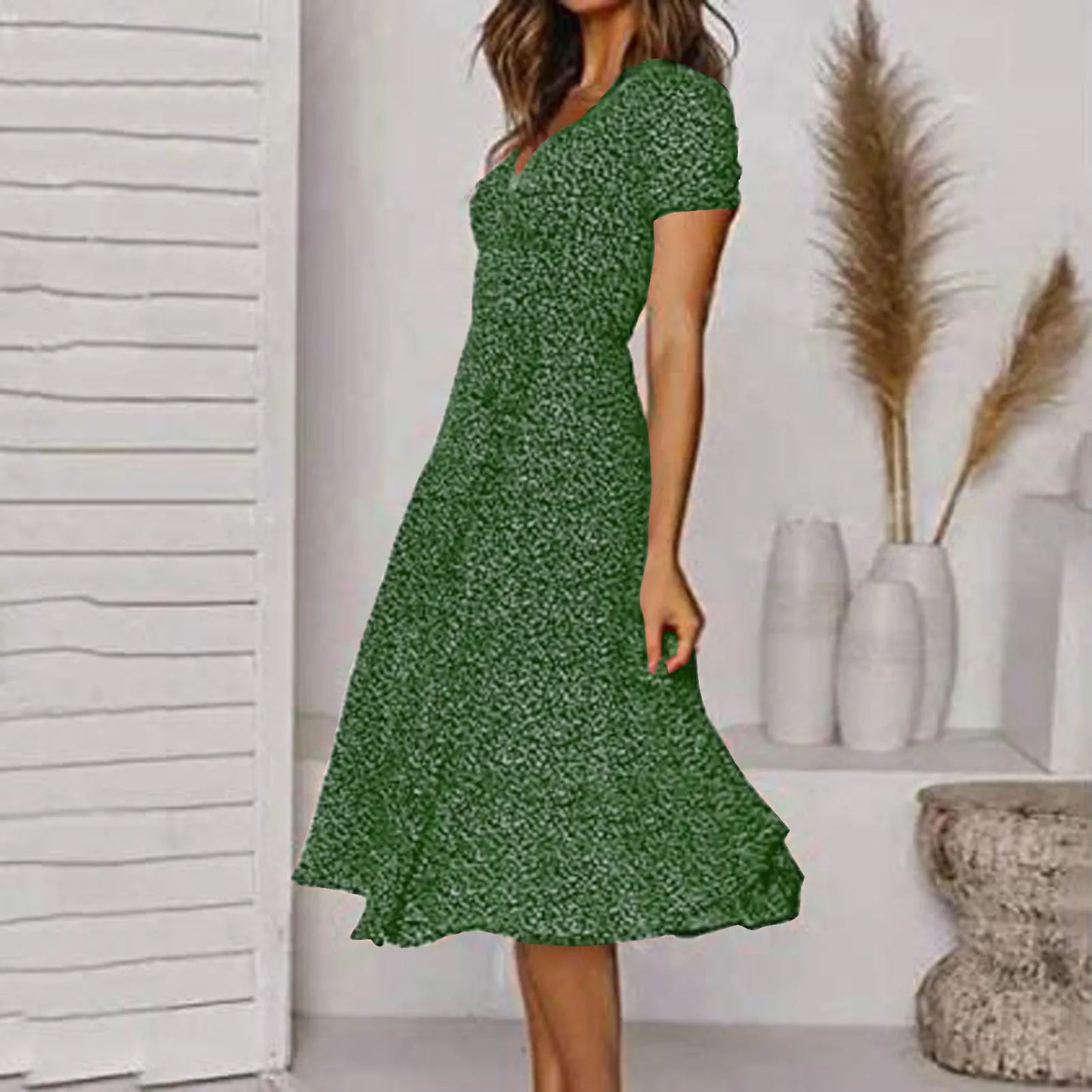 Summer Women's Sexy Short V Neck Floral Polka Dot Casual Boho Sun Midi Dresses