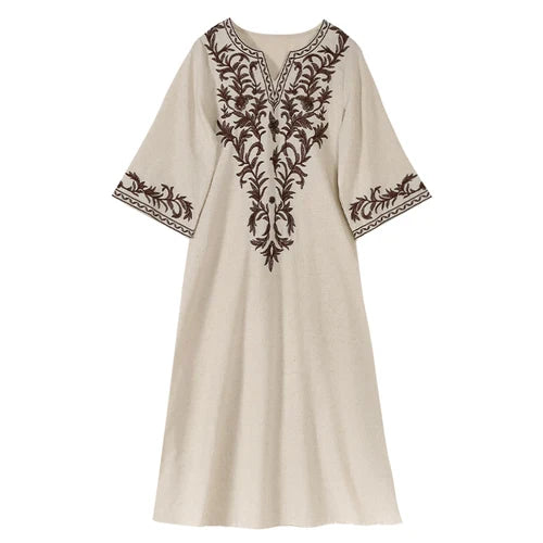 DressBetty - 2024 Vintage V Neck Boho Cotton Linen Floral Embroidery Long Boho Dress