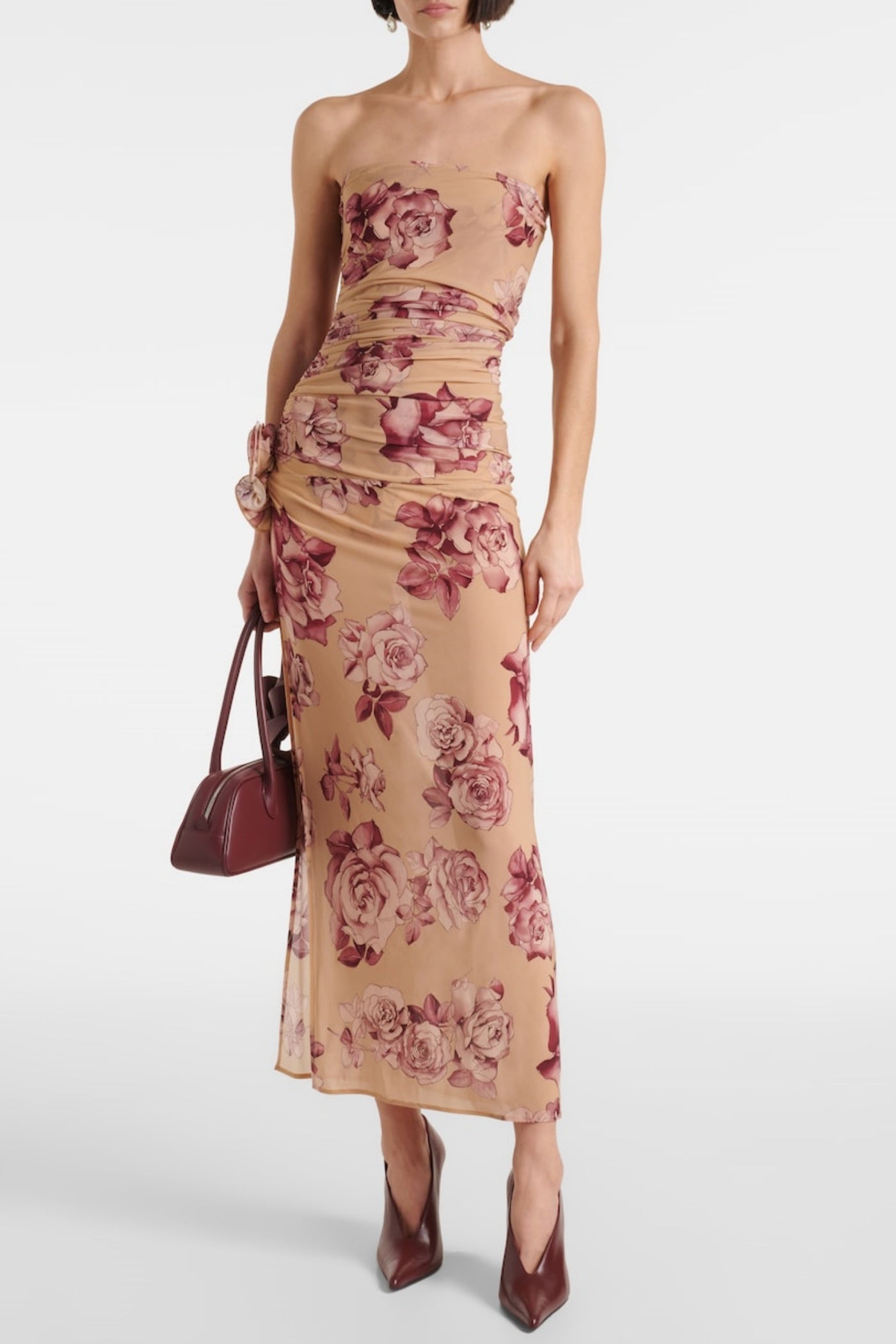 Taysia Floral Strapless Ruched Midi Dress