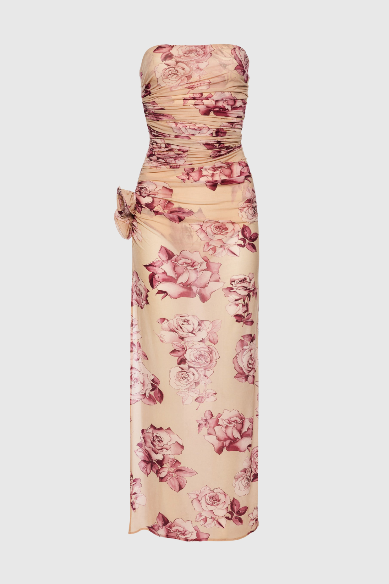 Taysia Floral Strapless Ruched Midi Dress