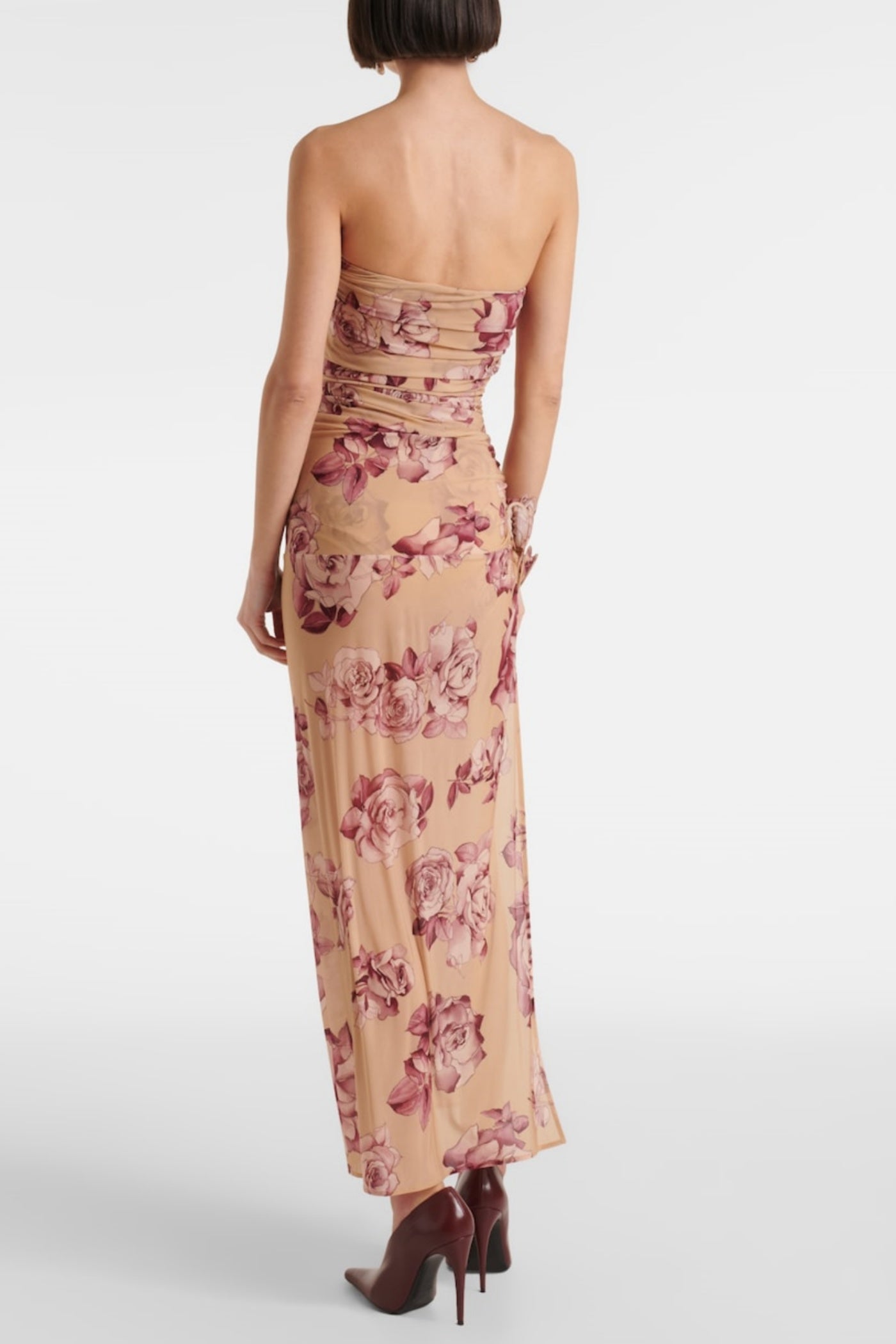 Taysia Floral Strapless Ruched Midi Dress