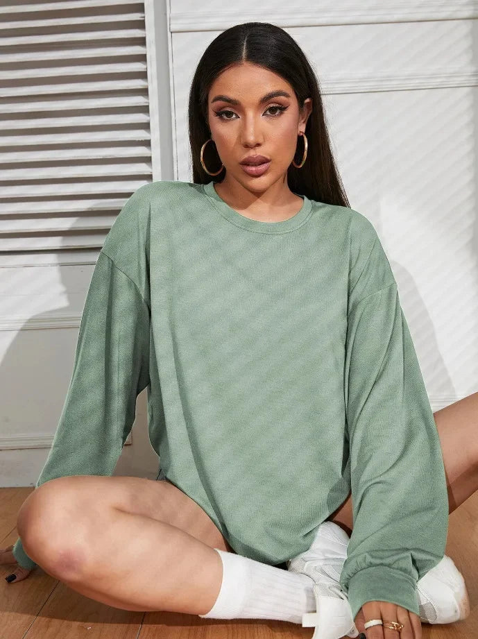 DressBetty - 2024 Solid Simplicity Round Neck Long Sleeve Tee